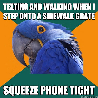 texting and walking when i step onto a sidewalk grate squeeze phone tight  Paranoid Parrot