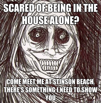 scared of being in the house alone? come meet me at stinson beach, there's something i need to show you  Horrifying Houseguest