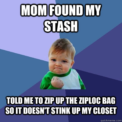 Mom found my stash Told me to zip up the ziploc bag so it doesn't stink up my closet - Mom found my stash Told me to zip up the ziploc bag so it doesn't stink up my closet  Success Kid