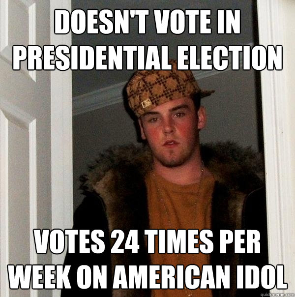 Doesn't vote in Presidential election votes 24 times per week on american idol  Scumbag Steve