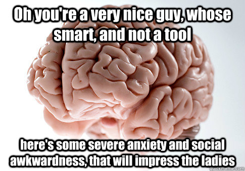 Oh you're a very nice guy, whose smart, and not a tool here's some severe anxiety and social awkwardness, that will impress the ladies    Scumbag Brain