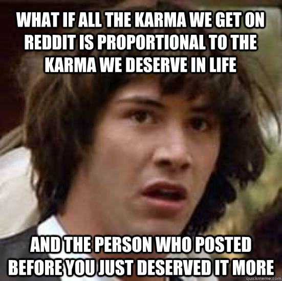 What if all the karma we get on reddit is proportional to the karma we deserve in life and the person who posted before you just deserved it more  conspiracy keanu