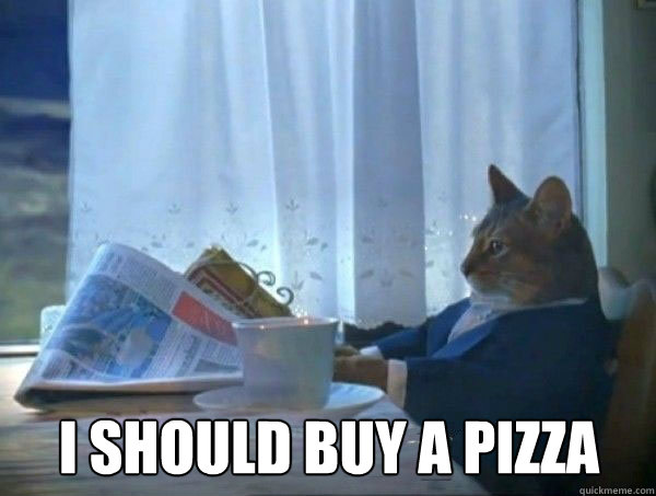  I should buy a pizza  morning realization newspaper cat meme