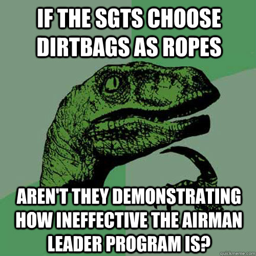 If the SGTs choose dirtbags as ropes Aren't they demonstrating how ineffective the Airman Leader program is?  Philosoraptor