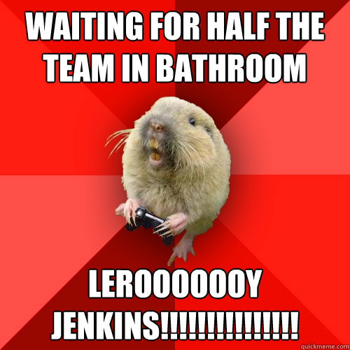 waiting for half the team in bathroom LEROOOOOOY 
JENKINS!!!!!!!!!!!!!!!  Gaming Gopher