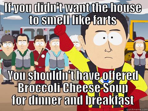 IF YOU DIDN'T WANT THE HOUSE TO SMELL LIKE FARTS YOU SHOULDN'T HAVE OFFERED BROCCOLI CHEESE SOUP FOR DINNER AND BREAKFAST Captain Hindsight