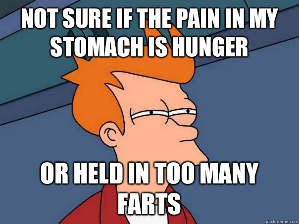 Not sure if the pain in my stomach is hunger Or held in too many farts  Futurama Fry