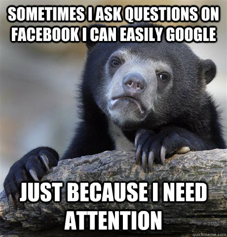 Sometimes I ask questions on facebook I can easily google just because i need attention  Confession Bear