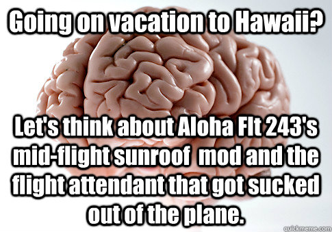 Going on vacation to Hawaii? Let's think about Aloha Flt 243's mid-flight sunroof  mod and the flight attendant that got sucked out of the plane.   Scumbag Brain