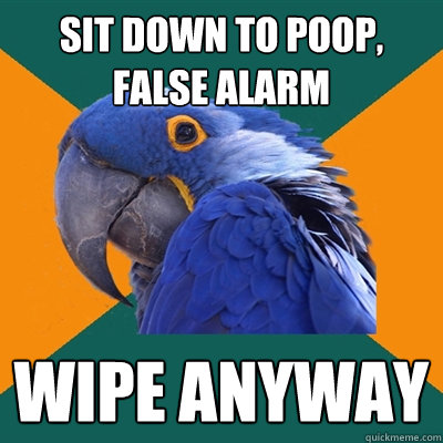 sit down to poop, false alarm wipe anyway  Paranoid Parrot