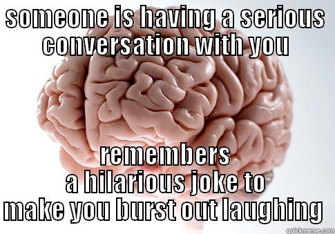 that serious  - SOMEONE IS HAVING A SERIOUS CONVERSATION WITH YOU REMEMBERS A HILARIOUS JOKE TO MAKE YOU BURST OUT LAUGHING  Scumbag Brain