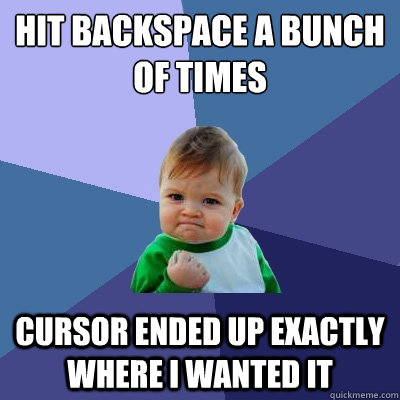 hit backspace a bunch of times cursor ended up exactly where i wanted it  Success Kid