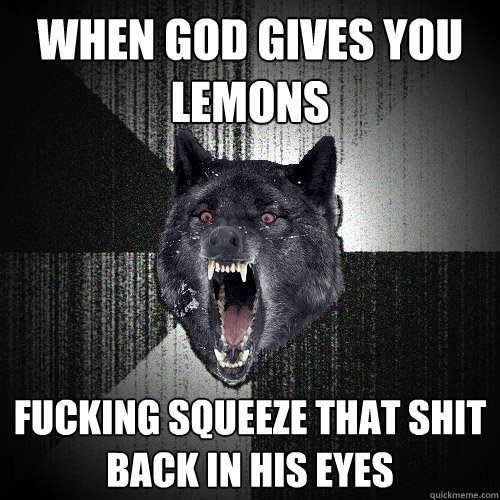 when god gives you lemons fucking squeeze that shit back in his eyes  Insanity Wolf