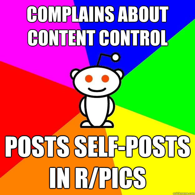 Complains about content control  posts self-posts in r/pics   Reddit Alien