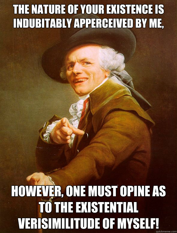 The nature of your existence is indubitably apperceived by me, However, one must opine as to the existential verisimilitude of myself! - The nature of your existence is indubitably apperceived by me, However, one must opine as to the existential verisimilitude of myself!  Joseph Ducreux