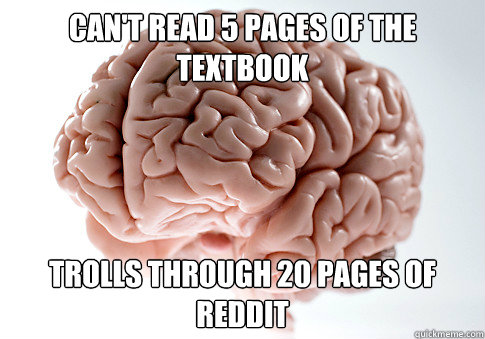 can't read 5 pages of the textbook trolls through 20 pages of reddit  Scumbag Brain