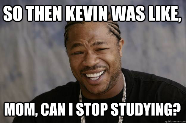 So then Kevin was like, Mom, can i stop studying?  Xzibit meme