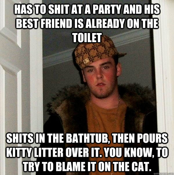 has to shit at a party and his best friend is already on the toilet shits in the bathtub, then pours kitty litter over it. You know, to try to blame it on the cat.  Scumbag Steve