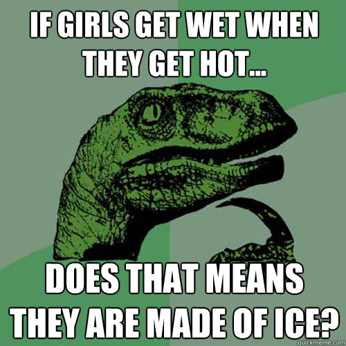 If girls get wet when they get hot... does that means they are made of ice?  Philosoraptor