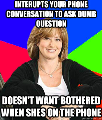 Interupts your phone conversation to ask dumb question Doesn't want bothered when shes on the phone  Sheltering Suburban Mom