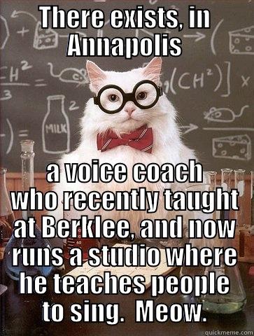 Smarty Cat Voice Advice - THERE EXISTS, IN ANNAPOLIS A VOICE COACH WHO RECENTLY TAUGHT AT BERKLEE, AND NOW RUNS A STUDIO WHERE HE TEACHES PEOPLE TO SING.  MEOW. Chemistry Cat