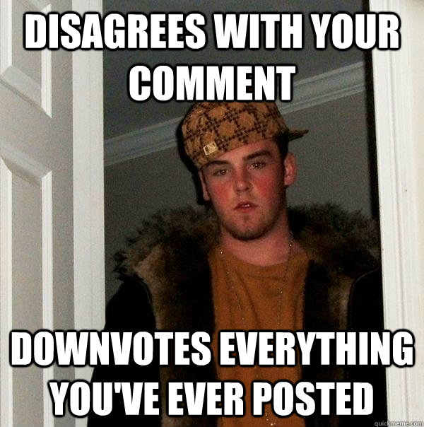 disagrees with your comment downvotes everything you've ever posted  Scumbag Steve