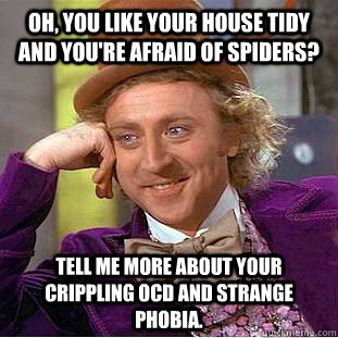 Oh, you like your house tidy and you're afraid of spiders? Tell me more about your crippling ocd and strange phobia.  Creepy Wonka