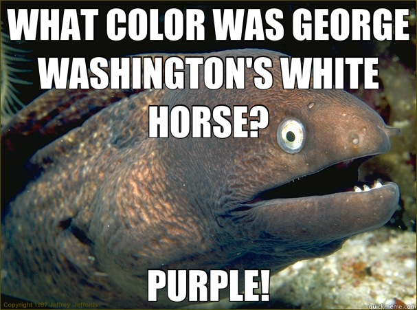 WHAT COLOR WAS GEORGE WASHINGTON'S WHITE HORSE? PURPLE! - WHAT COLOR WAS GEORGE WASHINGTON'S WHITE HORSE? PURPLE!  Bad Joke Eel