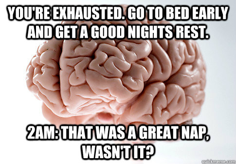 you're exhausted. Go to bed early and get a good nights rest. 2am: that was a great nap, wasn't it?   Scumbag Brain