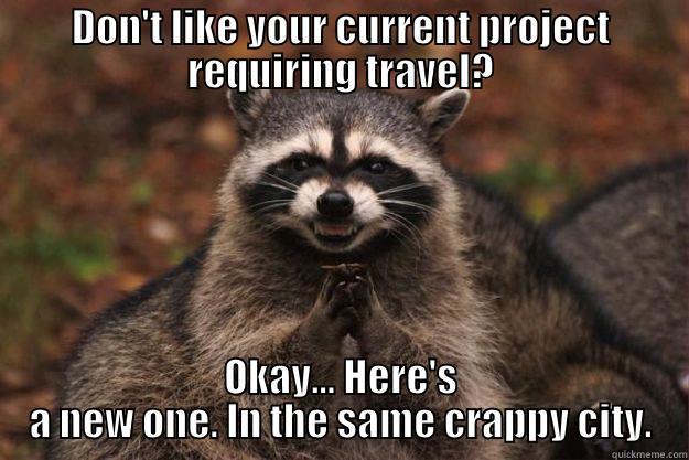 DON'T LIKE YOUR CURRENT PROJECT REQUIRING TRAVEL? OKAY... HERE'S A NEW ONE. IN THE SAME CRAPPY CITY. Evil Plotting Raccoon