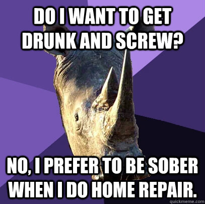 Do I want to get drunk and screw? No, I prefer to be sober when I do home repair.  Sexually Oblivious Rhino