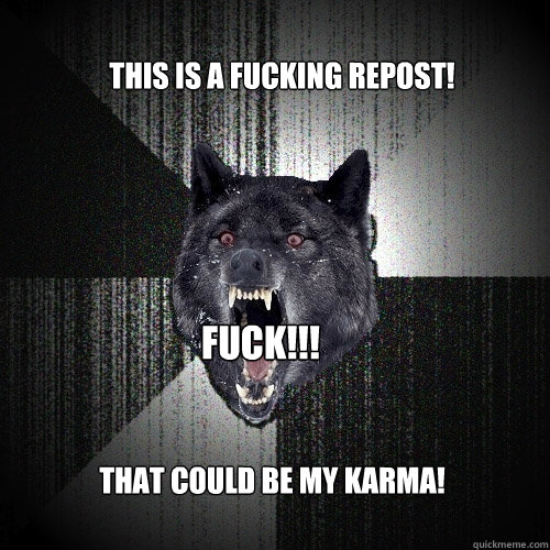 This is a fucking repost! That could be my karma! Fuck!!!  Insanity Wolf