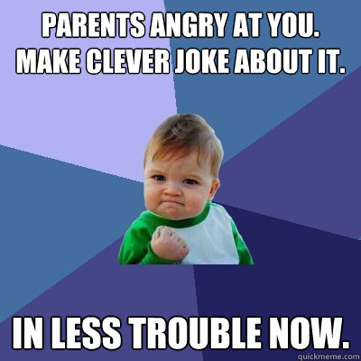 Parents angry at you.
make clever joke about it. In less trouble now.  Success Kid