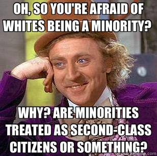 OH, SO YOU'RE AFRAID OF WHITES BEING A MINORITY?  WHY? ARE MINORITIES TREATED AS SECOND-CLASS CITIZENS OR SOMETHING?  Condescending Wonka