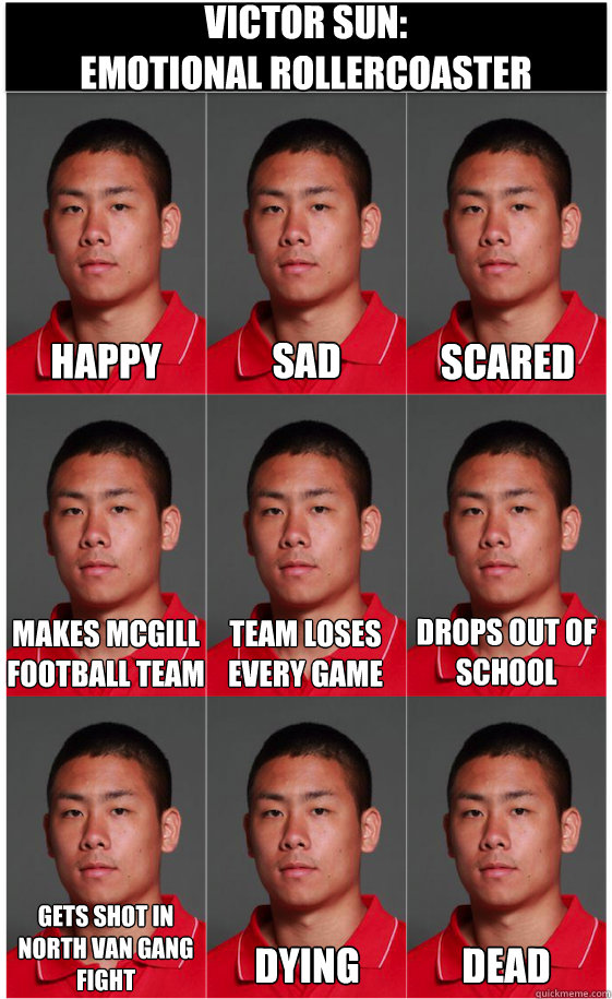 VICTOR SUN:                                    EMOTIONAL ROLLERCOASTER HAPPY SAD SCARED TEAM LOSES EVERY GAME MAKES MCGILL FOOTBALL TEAM
 DROPS OUT OF SCHOOL GETS SHOT IN NORTH VAN GANG FIGHT DYING DEAD  