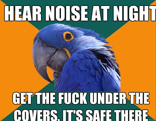 Hear noise at night
 Get the fuck under the covers, it's safe there
  Paranoid Parrot