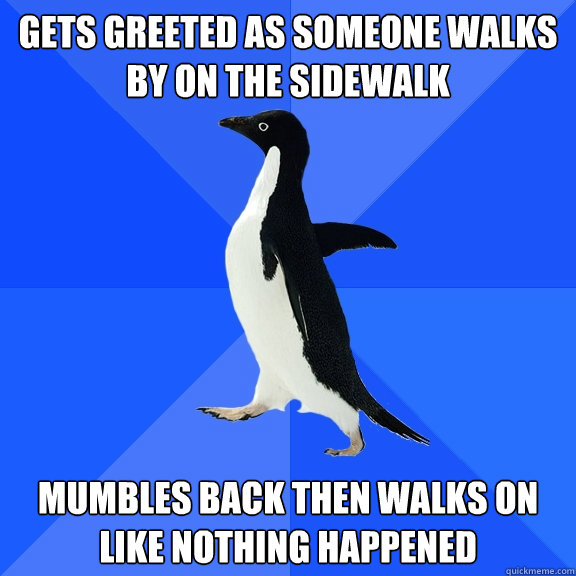 gets greeted as someone walks by on the sidewalk mumbles back then walks on like nothing happened  Socially Awkward Penguin