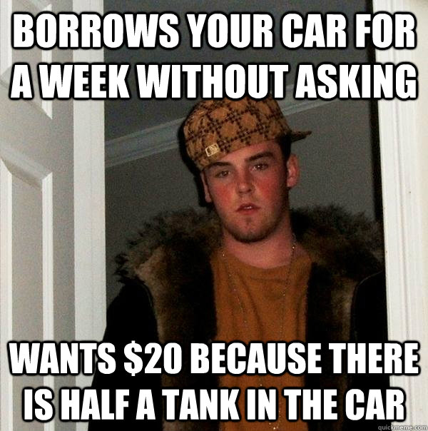 Borrows your car for a week without asking Wants $20 because there is half a tank in the car  Scumbag Steve