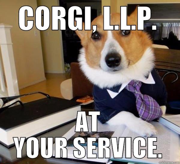 CORGI, L.L.P. AT YOUR SERVICE. Lawyer Dog