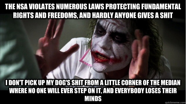 the nsa violates numerous laws protecting fundamental rights and freedoms, and hardly anyone gives a shit i don't pick up my dog's shit from a little corner of the median where no one will ever step on it, AND EVERYBODY LOSES their minds  Joker Mind Loss