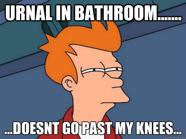 Urnal in bathroom....... ...doesnt go past my knees...
  Futurama Fry