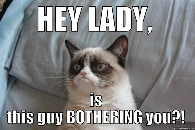 HEY LADY, IS THIS GUY BOTHERING YOU?! Grumpy Cat