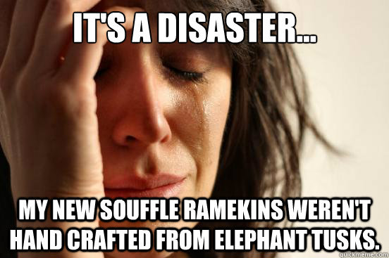 it's a disaster... my new souffle ramekins weren't hand crafted from elephant tusks.  First World Problems