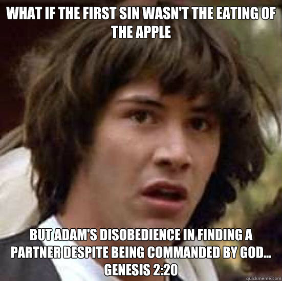 What if the first sin wasn't the eating of the apple But Adam's disobedience in finding a partner despite being commanded by God...
Genesis 2:20  conspiracy keanu