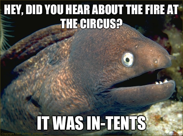 Hey, did you hear about the fire at the circus? It was in-tents  Bad Joke Eel