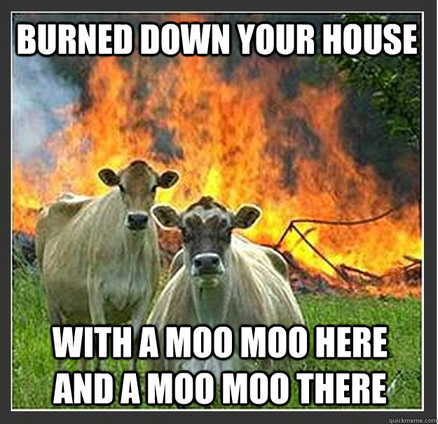 Burned down your house with a moo moo here and a moo moo there  Evil cows