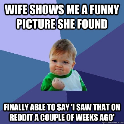 Wife shows me a funny picture she found Finally able to say 'I saw that on Reddit a couple of weeks ago'  Success Kid