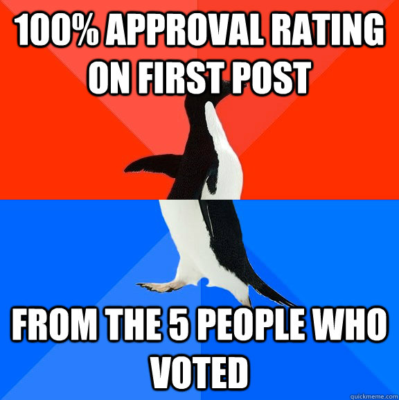 100% approval rating on first post from the 5 people who voted - 100% approval rating on first post from the 5 people who voted  Socially Awesome Awkward Penguin