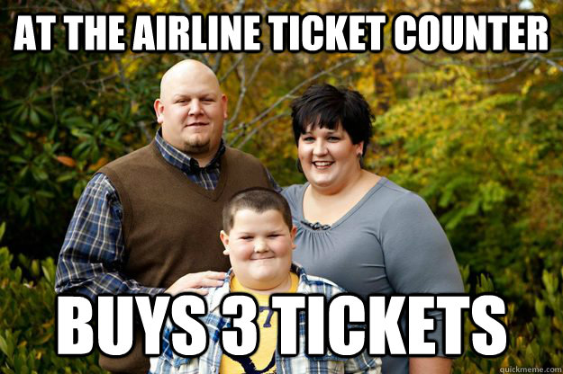 at the Airline ticket counter buys 3 tickets  Happy American Family