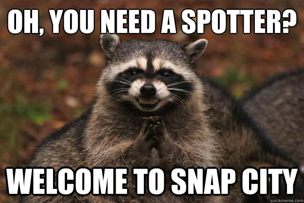 OH, YOU NEED A SPOTTER? WELCOME TO SNAP CITY  Evil Plotting Raccoon